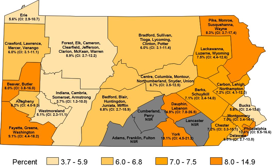 No Health Insurance, Age 18-64, Pennsylvania Health Districts 2017